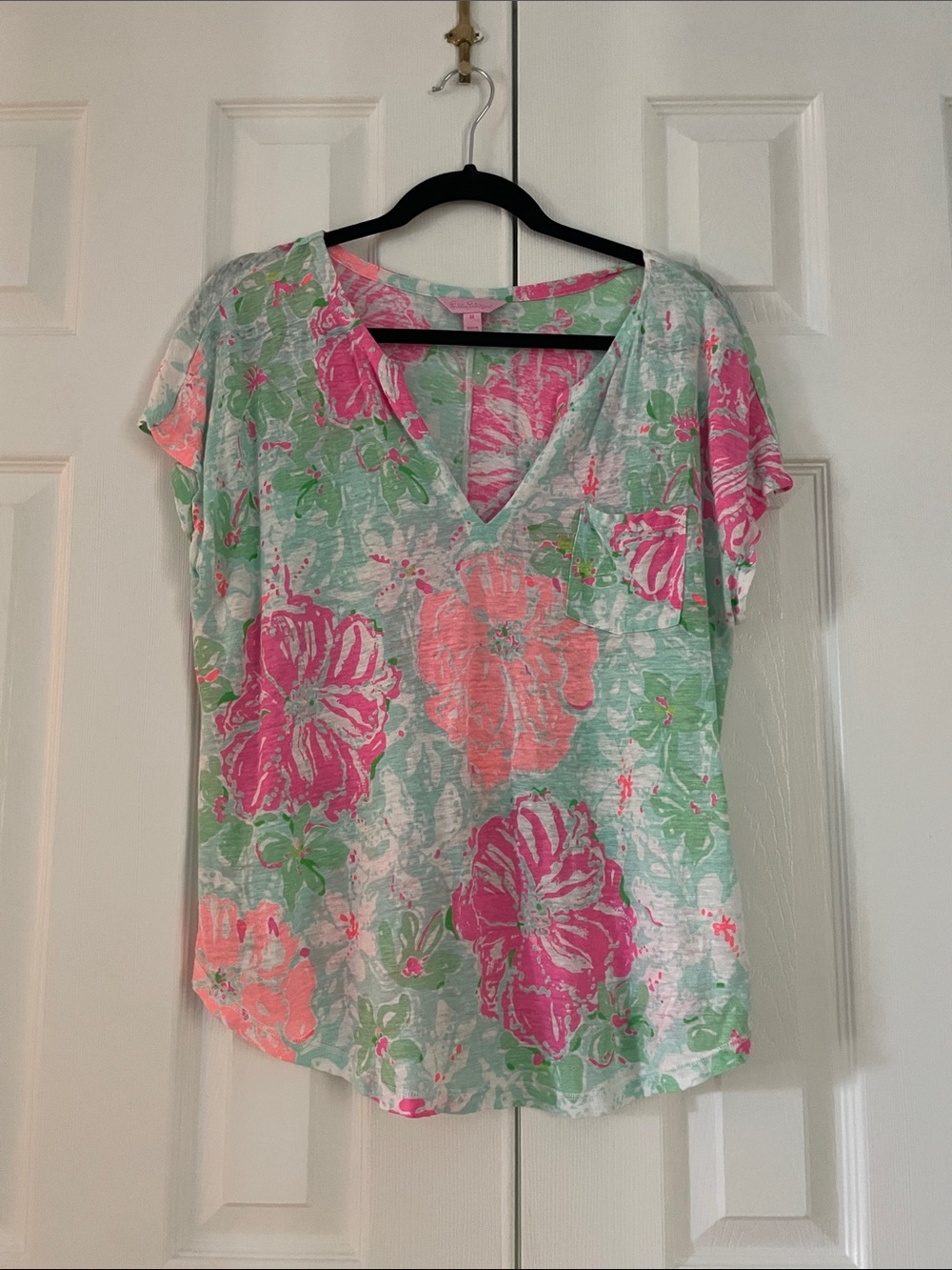 Lilly Pulitzer Mint Green V-Neck Tee with Pink Floral Print